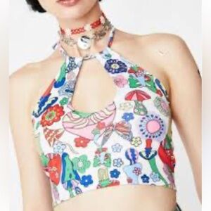 Ladies Current Mood Dollskill Cropped Mushroom and Flower Print Crop Top Size XL
